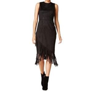 Rachael Roy Black faux suede fringe midi dress zippered size 6 western mob wife